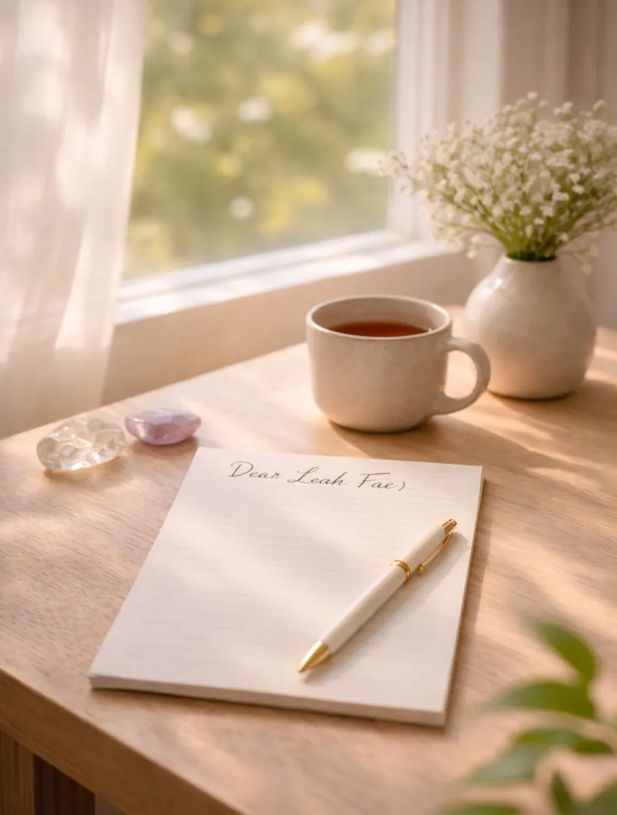 A sunlit windowsill with tea, flowers, and a notepad that reads &lsquo;Dear Leah Fae&rsquo;