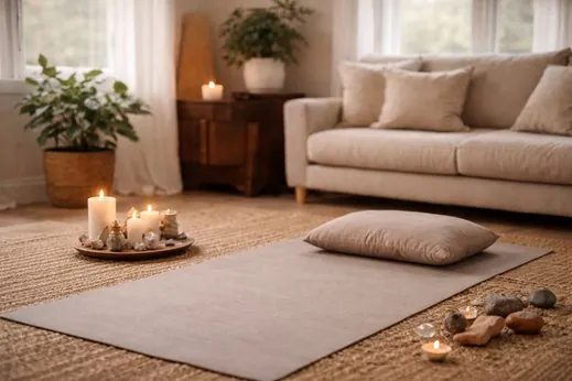 A yoga mat and cushion laid out in a sunlit living room, with candles and plants nearby