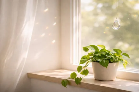 Sunlight through a window with a hanging crystal and a green plant
